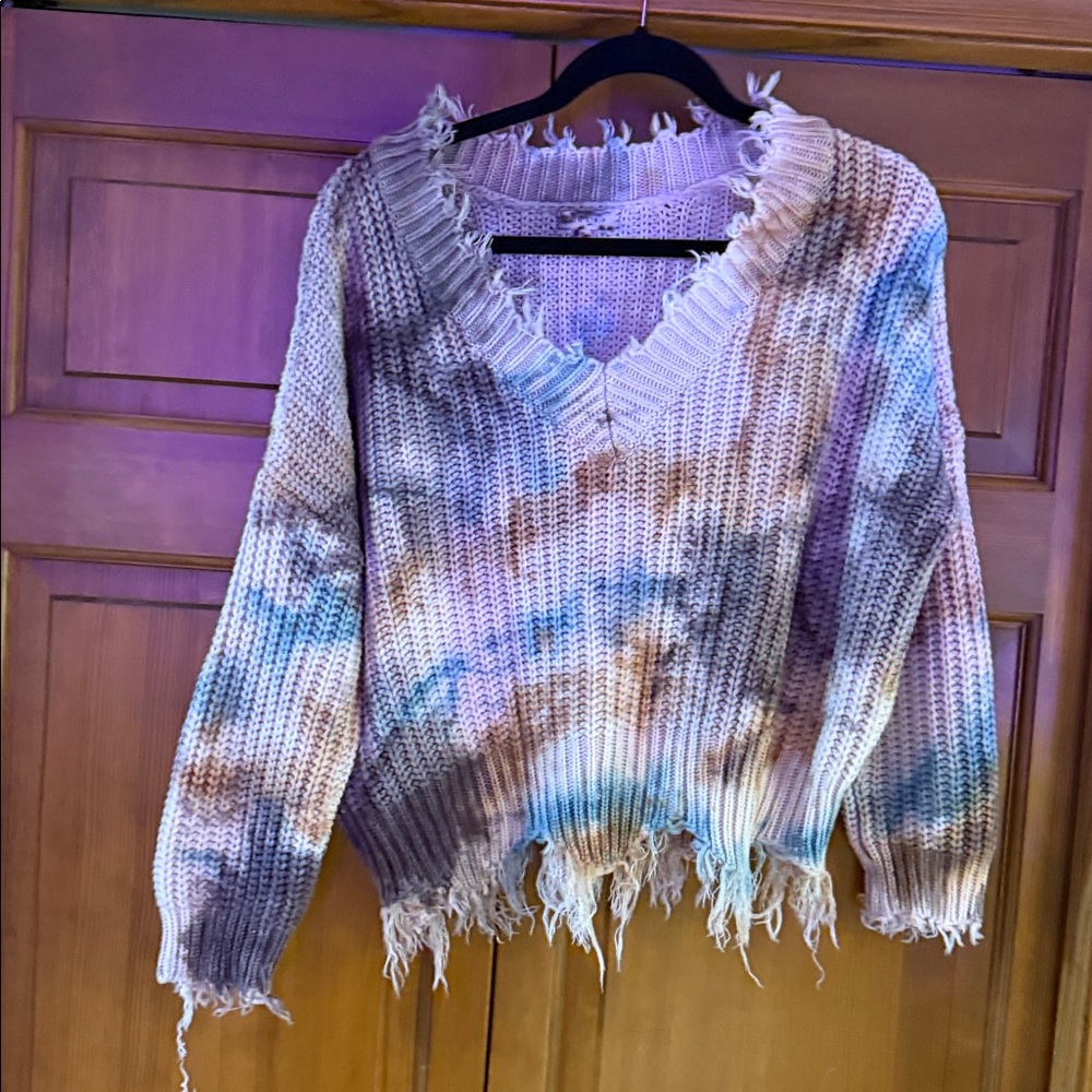 Frayed Tie-Dye Knit Sweater